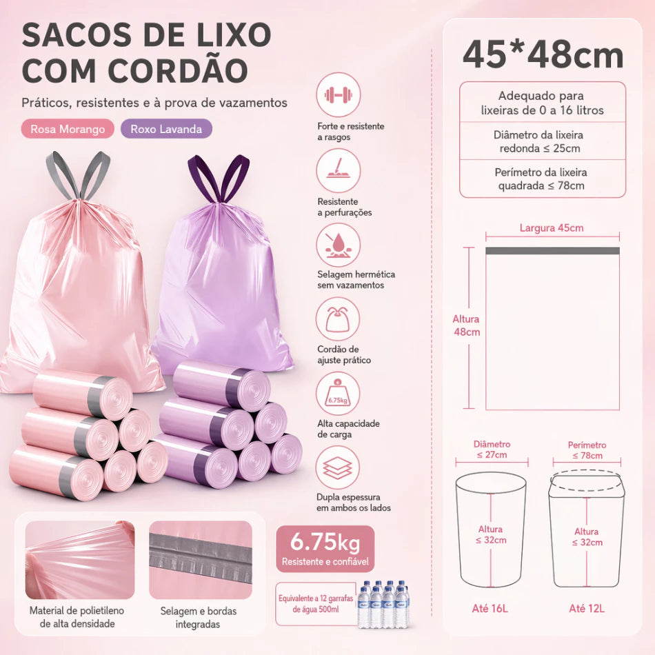 Saco de Lixo Aromático 50 Unidades Fechamento Automático com Alça Anti‑Vazamento