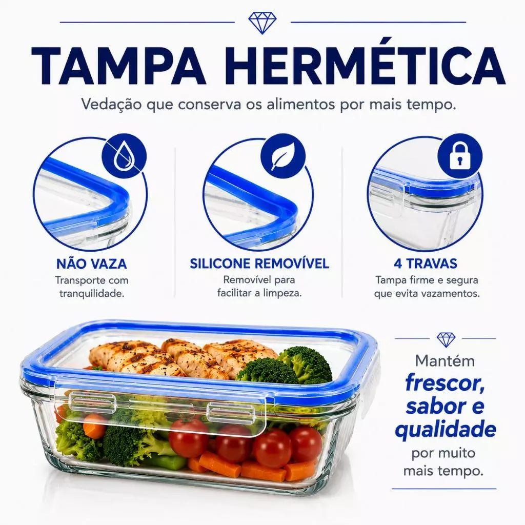 Pote de Vidro Hermético 640ml para Alimentos Com Tampa 4 Travas