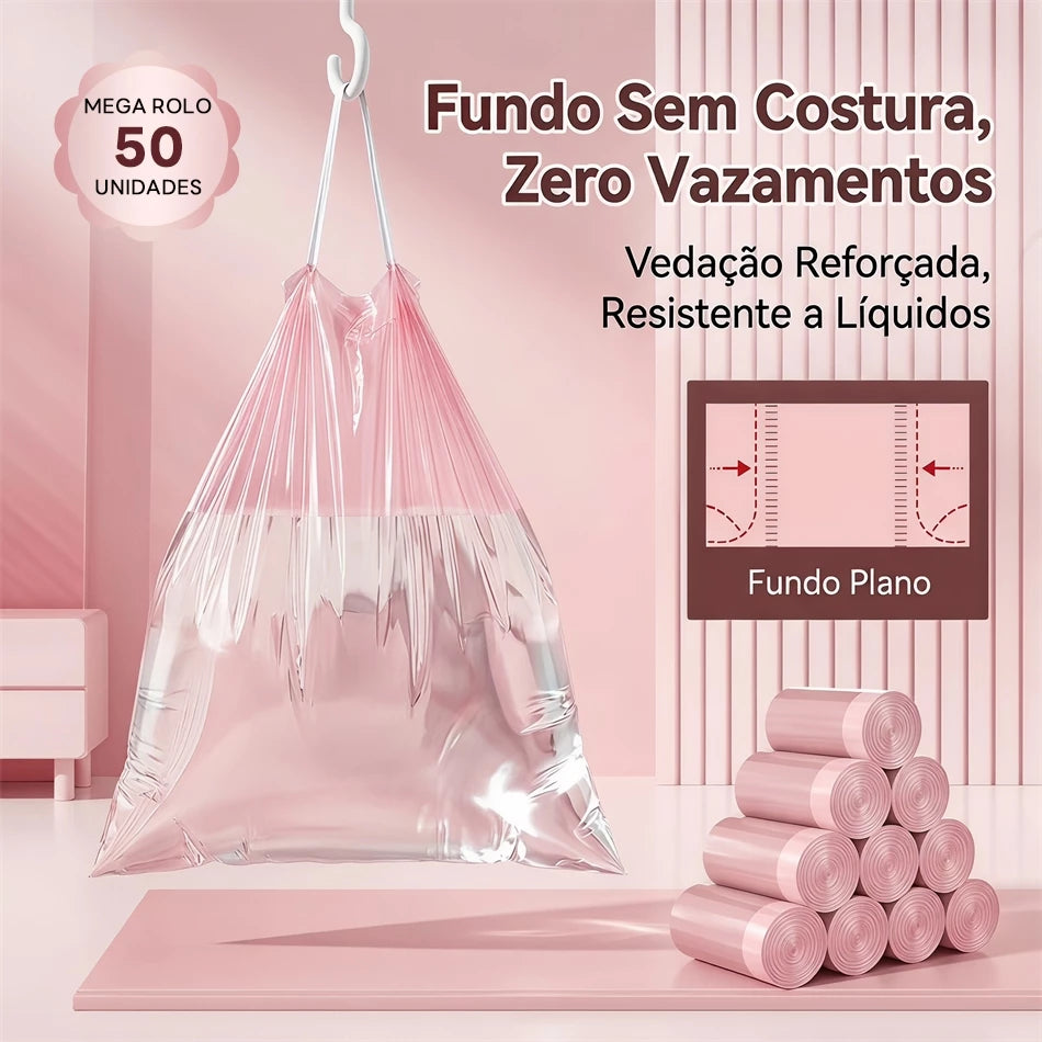 Saco de Lixo Aromático 50 Unidades Fechamento Automático com Alça Anti‑Vazamento
