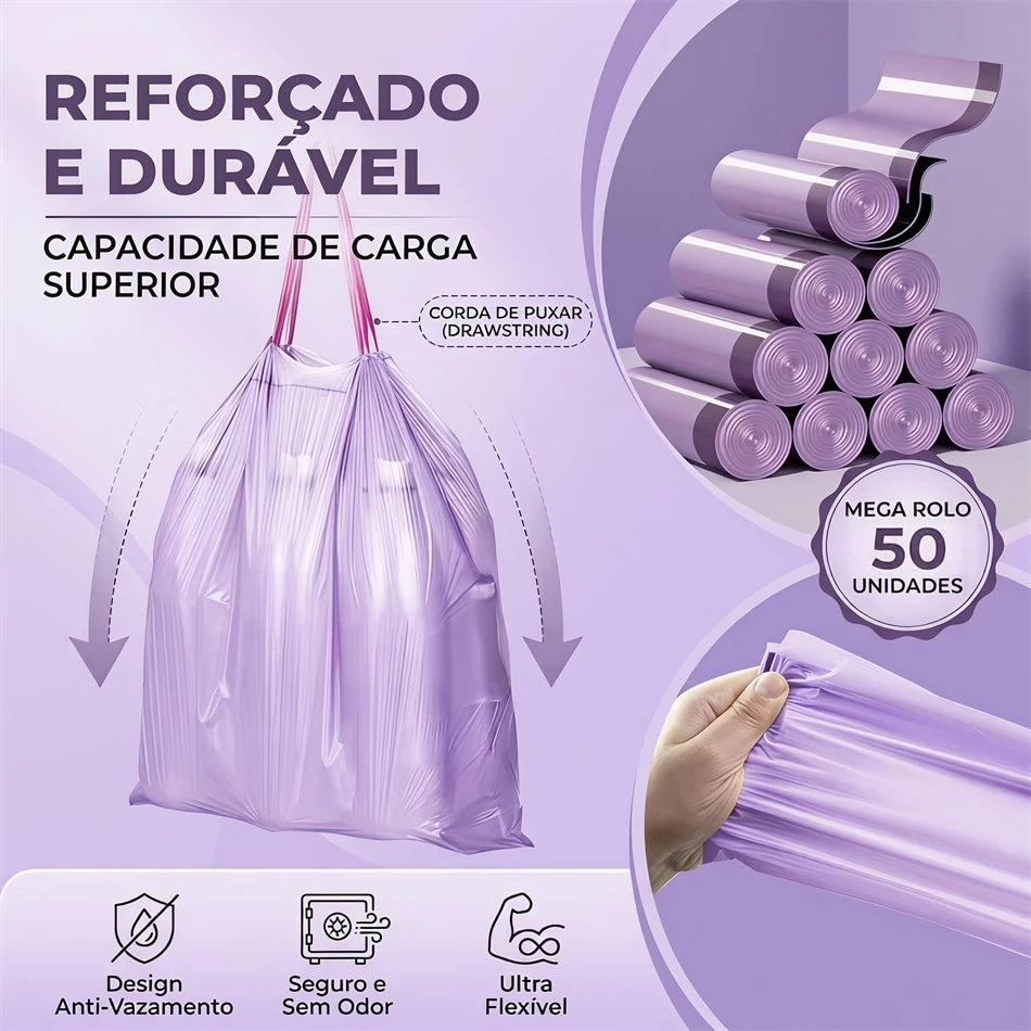 Saco de Lixo Aromático 50 Unidades Fechamento Automático com Alça Anti‑Vazamento