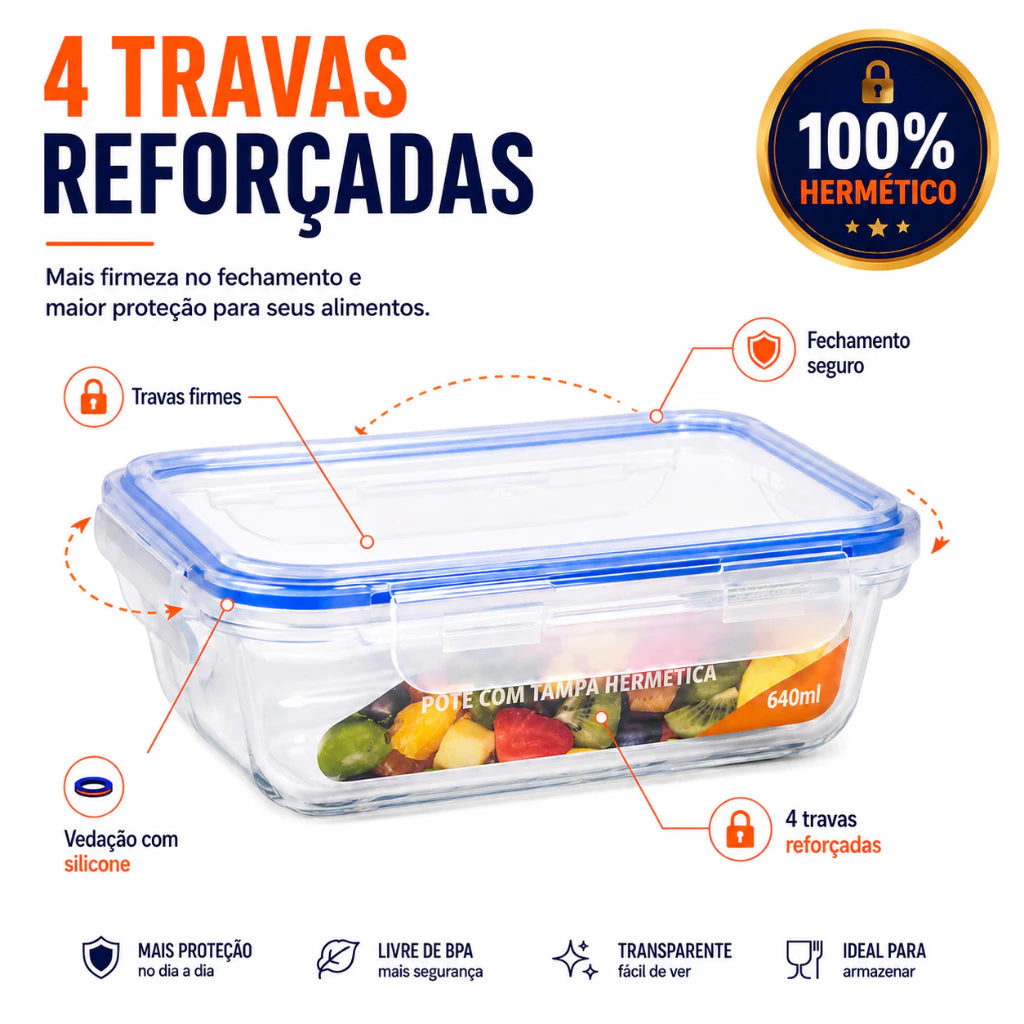 Pote de Vidro Hermético 640ml para Alimentos Com Tampa 4 Travas