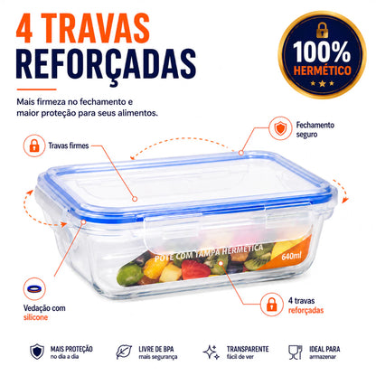 Pote de Vidro Hermético 640ml para Alimentos Com Tampa 4 Travas